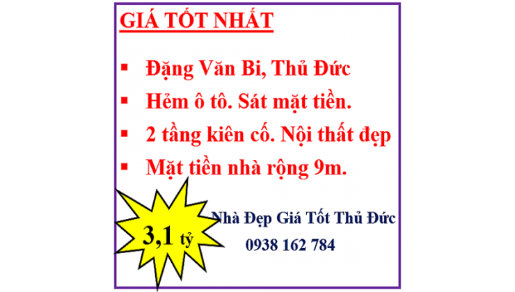 Kẹt tiền giảm sốc-2 lầu-60m2- Ngang 9m- HXH- Sát MT- Đặng Văn Bi -Chỉ 3.1 tỷ